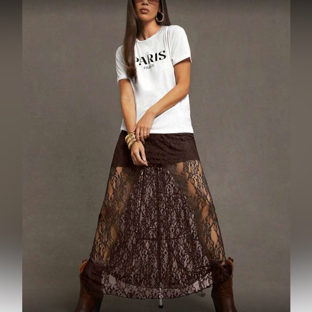 Elegant Brown Lace Overlay Skirt